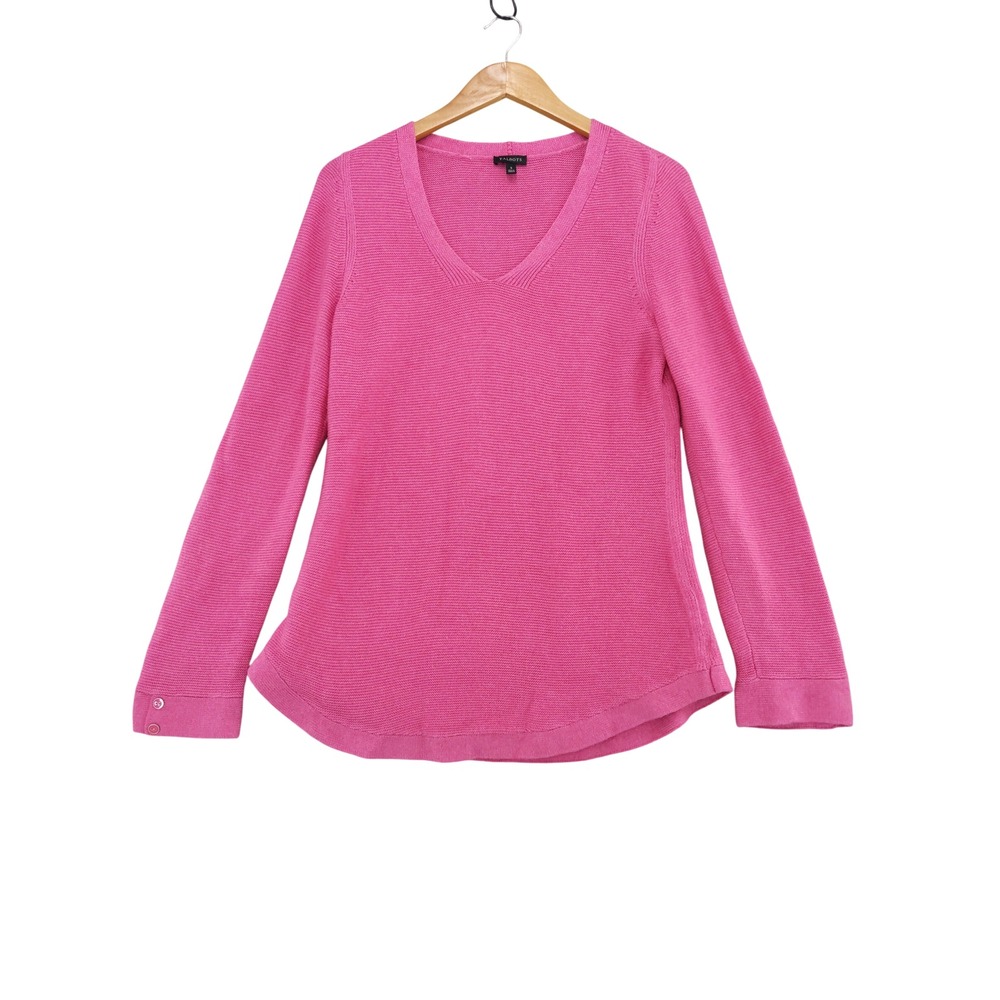 Talbots V-Neck Sweater Women Small Pink Button Cuff Curved Hem Textured Pullover